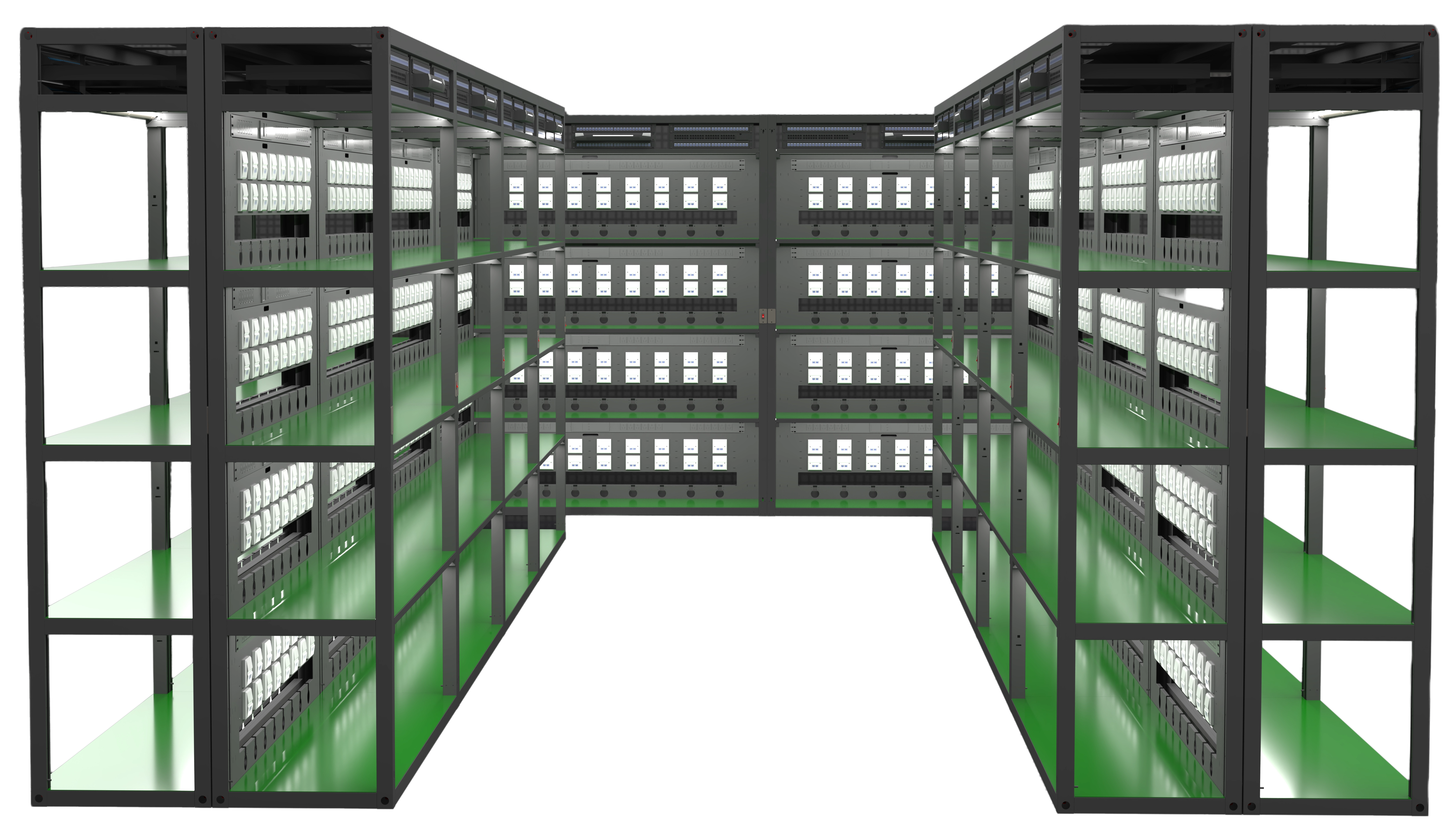 DenseRack open-frame equipment rack with PDU network and KVM integration