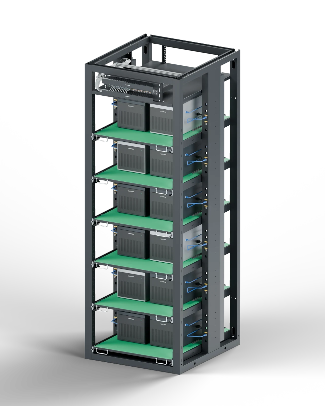 SmartRack single rack with illustrative equipment on six shelves