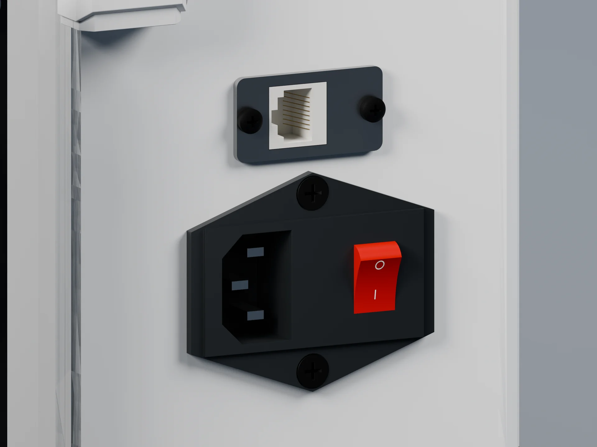 Large · Power inlet, main switch and network interface